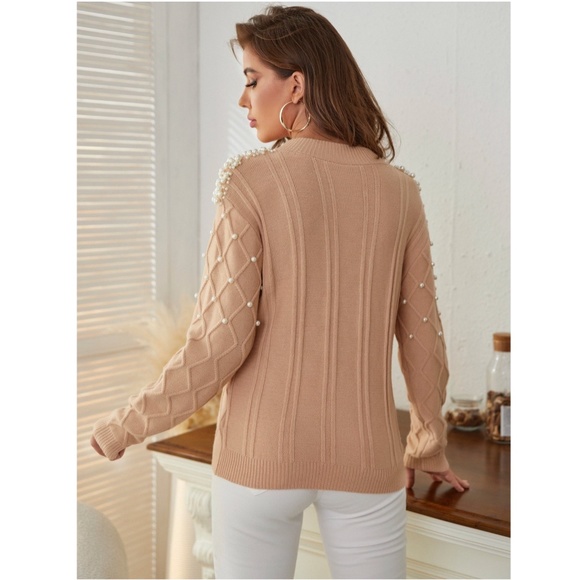 Pearl Embellished Camel Knit Textured Sweater - Picture 6 of 8